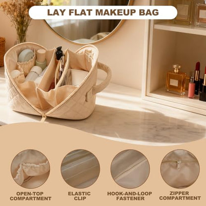 Makeup Bag,Quilted Puffer Cosmetic Bags,Travel Toiletry Bag for Women,Large Capacity Waterproof Make up Bag Set - color: Khaki, size: Large