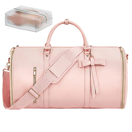 Garment Bags for Travel, Convertible Suit Travel Bag for Women, Stylish Carry On Garment Bag with Toiletry Pocket, Shoulder Strap and Shoes Compartment, 2 in 1 Foldable PU Leather Duffle Bag, Pink - color: Pink