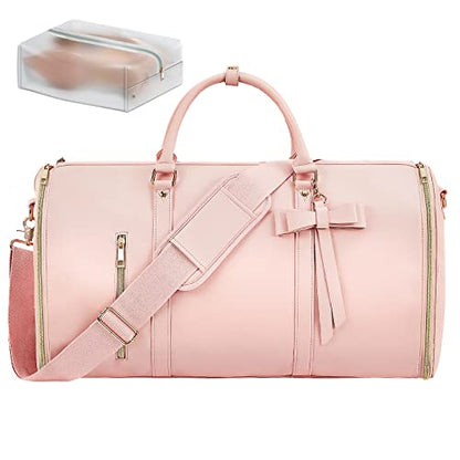 Garment Bags for Travel, Convertible Suit Travel Bag for Women, Stylish Carry On Garment Bag with Toiletry Pocket, Shoulder Strap and Shoes Compartment, 2 in 1 Foldable PU Leather Duffle Bag, Pink - color: Pink