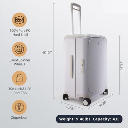 Hang Safe Carry On Luggage,PC Hard Shell Zipperless Bussiness Suitcases,21.3''x15''x9''Airline Approved,360° Spinner Wheels,TSA Locks USB Charging Port,Top Travel Seat,White - color: White, size: 20 Inches