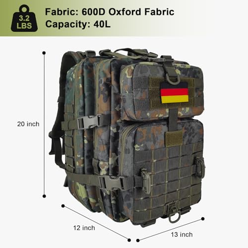 Hannibal Tactical MOLLE Assault Backpack, Tactical Backpack Military Army Camping Rucksack, 3-Day Pack Trip w/USA Flag Patch, D-Rings, Flecktarn - color: Flecktarn