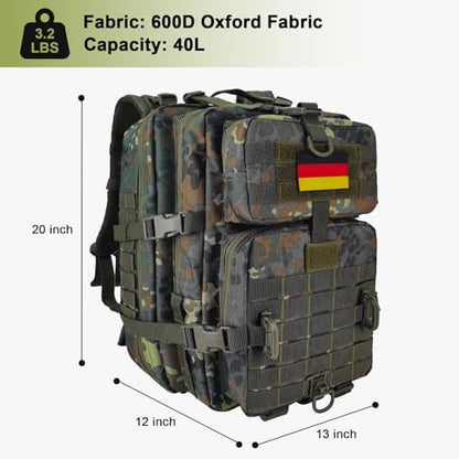 Hannibal Tactical MOLLE Assault Backpack, Tactical Backpack Military Army Camping Rucksack, 3-Day Pack Trip w/USA Flag Patch, D-Rings, Flecktarn - color: Flecktarn