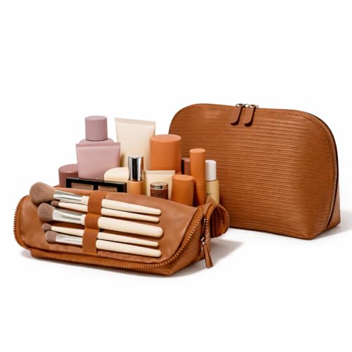 APT 1101 Large Standing Foldable Makeup Bag for Travel, Vertical Folding Down Design, Organized Cosmetic & Skincare Bag for 2–4 Week Trips (Chocolate, Large) - color: Chocolate, size: Large