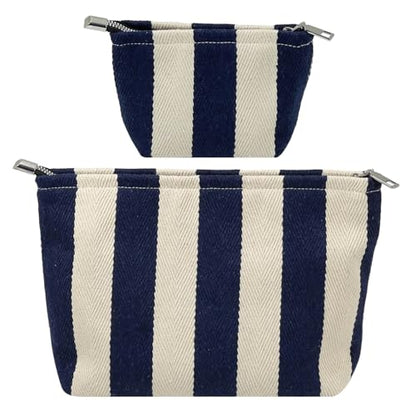 Travel Makeup Bag Set of 2, Preppy Jacquard Pouches for Purse , Navy Blue Striped Makeup Pouch with Smooth Zipper Soft Lining, for Cosmetic Car Organizer, Daily, Gifts, Portable Large & Small Toiletry - style: Striped Blue Canvas