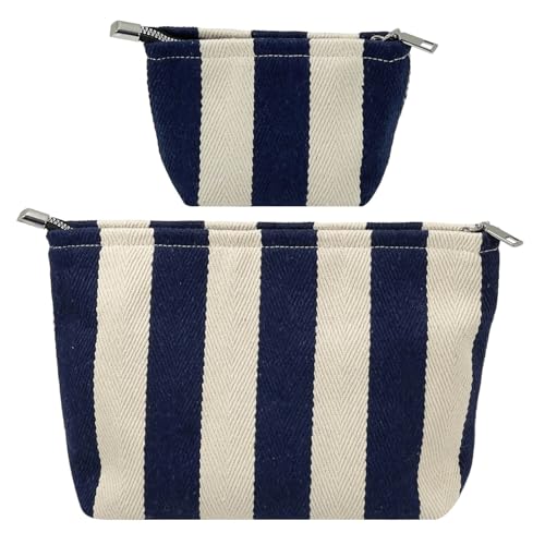 Travel Makeup Bag Set of 2, Preppy Jacquard Pouches for Purse , Navy Blue Striped Makeup Pouch with Smooth Zipper Soft Lining, for Cosmetic Car Organizer, Daily, Gifts, Portable Large & Small Toiletry - style: Striped Blue Canvas