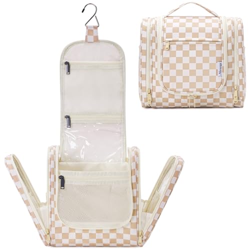 Narwey Hanging Toiletry Bag for Women Travel Makeup Bag Organizer Toiletries Bag for Cosmetics Essentials Accessories - color: Z-Light Brown Checkerboard