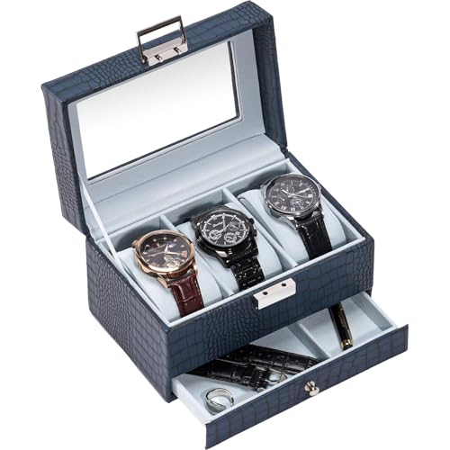 ProCase Watch Box, 3 Slot Watches Display Case with Drawer, Mens Watch Case with Glass Lid, 2-Layer Mens Jewelry Organizer Storage Holder, Birthday Valentine Gifts for Men-3 Slot, CrocCobaltBlue - color: Croc Cobalt Blue, size: 3-Slot