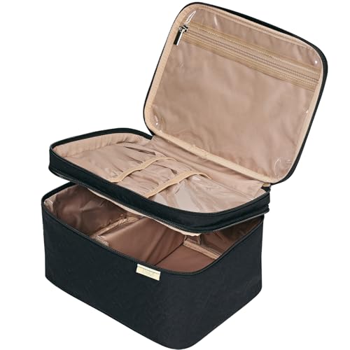 NISHEL Large Double Layer Travel Makeup Bag Women, Cosmetic Case, Organizer for Travel-Size Accessories Bottles, Brushes, Conditioner, and Skin Care Products, Black - color: Black, size: Large
