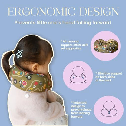 SKYTRAX® Certified Kids Safe Memory Foam Travel Neck Pillows for Kids and Toddlers, Cute Cartoon Design, Car Seat & Airplane Head Neck Support, Adjustable Snap Buttons, Washable Soft Cover (Racecar) - color: Racecar