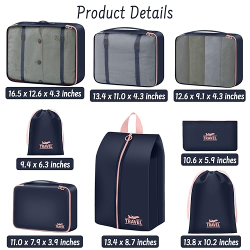 Packing Cubes for Travel - 8 Set Luggage Organizer Bags for Family, Mesh Breathable Packing Cubes for Suitcases Durable Travel Essentials Bags Set - color: Navy Blue