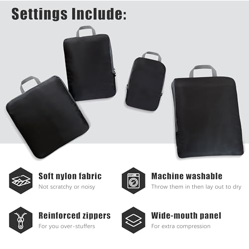 PANDA JOYS 4 Set Compression Packing Cubes Travel - Travel Accessories Expandable Packing Organizers for Carry On - Essentials Luggage Bags - Black - color: Black