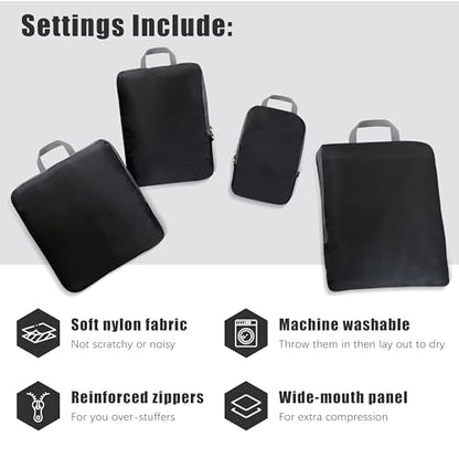 PANDA JOYS 4 Set Compression Packing Cubes Travel - Travel Accessories Expandable Packing Organizers for Carry On - Essentials Luggage Bags - Black - color: Black