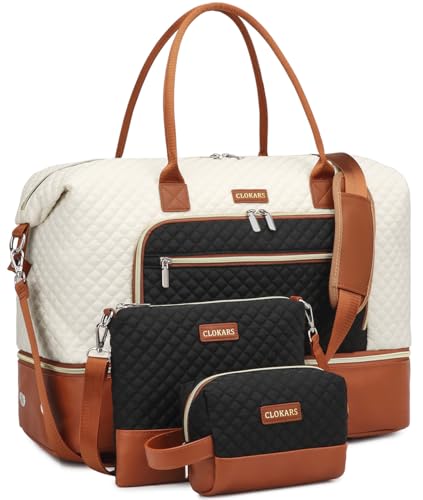 Weekender Bags for Women, Travel Duffle Bag Carry On Overnight Bag with Cosmetics Bag and Crossbody Purse for Gym Hospital, Gifts for Women, Beigeblack Brown - color: Beigeblack Brown-2, size: Medium