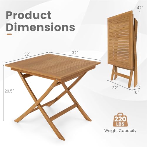 Tangkula Teak Wood Folding Outdoor Table, 32-Inch Square Patio Dining Table for 4, Collapsible Outside Bistro Table with Sturdy X-Frame for Deck, Balcony, Yard, Poolside & Porch - size: 32"