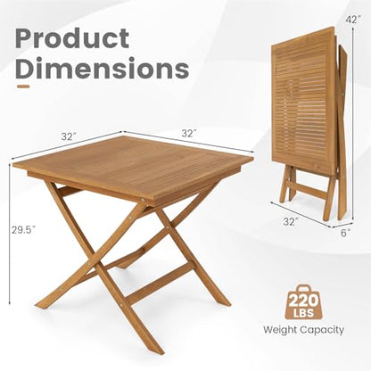 Tangkula Teak Wood Folding Outdoor Table, 32-Inch Square Patio Dining Table for 4, Collapsible Outside Bistro Table with Sturdy X-Frame for Deck, Balcony, Yard, Poolside & Porch - size: 32"