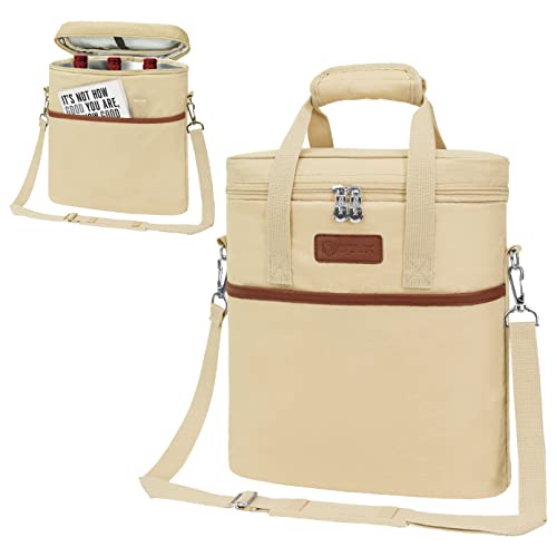 Opux 3 Bottle Insulated Leakproof Wine Cooler Bag, Tote for Picnic Beach, Portable Carrying Case, Cream - color: Cream Beige