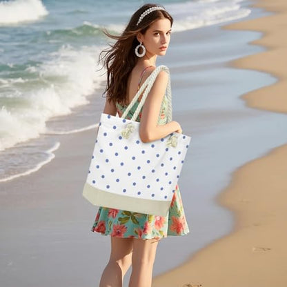 Fokongna Tote Bag For Women, Beach Bag Best Friend Travel Birthday Gifts, Travel Parties Vacation Shopping Essentials - color: Blue Polka Dots