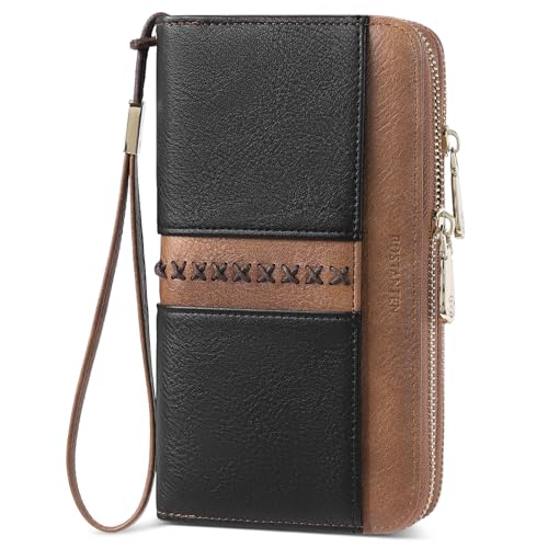 BOSTANTEN Wallets for Women Leather RFID Double Zipper Around Credit Card Holder Large Capacity Wristlet Clutch Wallet - color: Black＆brown