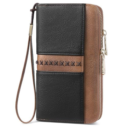 BOSTANTEN Wallets for Women Leather RFID Double Zipper Around Credit Card Holder Large Capacity Wristlet Clutch Wallet - color: Black＆brown