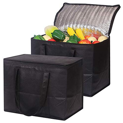 Set of 2 Large Insulated Reusable Grocery Bags with Sturdy Zipper and Handles, Foldable Washable Heavy Duty Cooler Totes for Hot or Cold Food Delivery, Groceries, Travel, Shopping