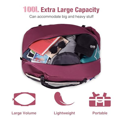 REDCAMP Foldable Travel Bag, Large Sports Bag, 75L/96L/100L, Lightweight Waterproof Tote Bag - color: Wine Red 100L