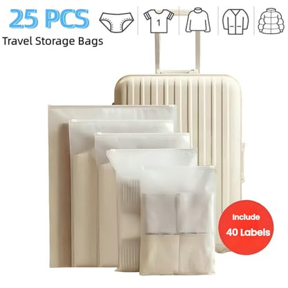 Travel Storage Bags - 25 Pcs Waterproof Clothing Packing Bags with Zipper, Frosted Plastic Bags for Clothes, Shoes, Toiletries & Cosmetics Organizers, 5-Size