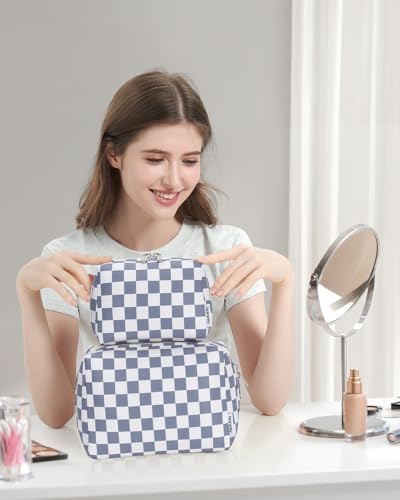 Narwey Checkered Makeup Bag Travel Cosmetic Bag Organizer Toiletry Bag Make Up Bags with Compartments for Women Girls (Large, Grayish Blue Checkerboard) - color: YB-Grayish Blue Checkerboard, style: Large