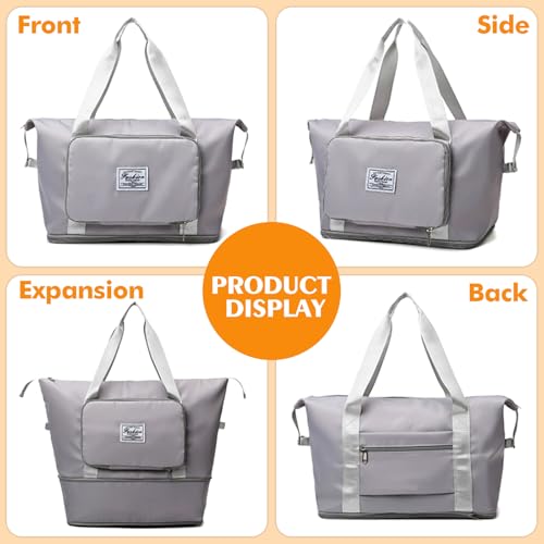 INVODA Travel Bag for Women Expandable Duffel Bag Tote Weekender Overnight Carry on Sports Gym Bags Waterproof Foldable Duffel Tote (Grey)