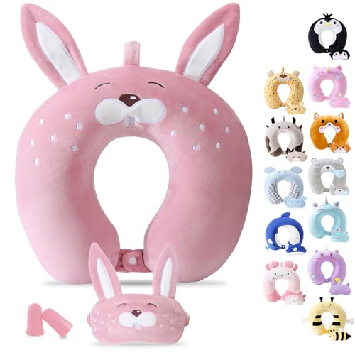 Cirorld Travel Pillow for Kids Adult Cute Neck Pillow for Traveling Memory Foam Airplane Pillow Sleep Mask Animal Flight Pillow Head Rest Neck Support for Cars Long Flights (Rabbit, 9-12 Y/O) - color: Rabbit, size: 9-12 Y/O