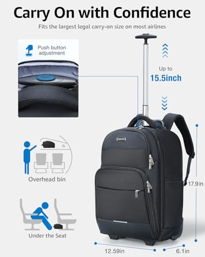 Ponhog Rolling Backpack, 30L Travel Laptop Backpack with Wheels, 15.6 Inch Roller Carry on Luggage with USB Charging Port, Flight Approved Personal Item Wheeled Suitcase for Men Women Adults, Black - color: Black