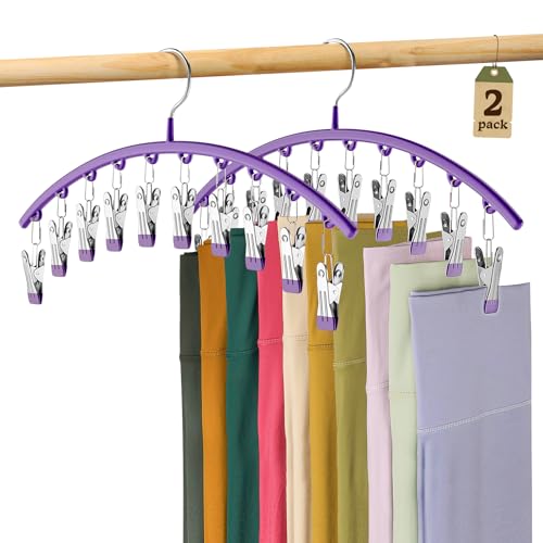 Legging Organizer for Closet, Metal Yoga Pants Hanger w/Rubber Coated 2 Pack w/10 Clips Hold 20 Leggings, Hangers Space Saving Hanging Hangers for Closet Organizers and Storage-Purple - color: Purple, size: 2 Pack
