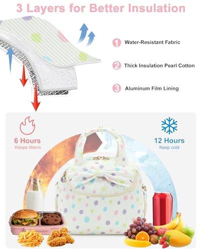 Bluboon Lunch Box for Women, Large Insulated Lunch Bag with Shoulder Strap, Adult Lunch Tote Teacher Nurse, Bow Lunch Cooler Gifts for Work Picnic Travel, Black (Rainbow Dots) - color: Rainbow Dots