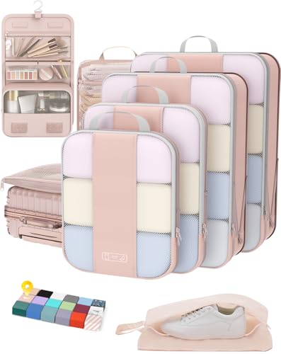 OlarHike 8 Set Compression Packing Cubes for Travel Gifts Mom Women,Airplane/Cruise/Car Travel Essentials,Compressible Expandable Saver Space Bags,Luggage Clothes Garment Bags for Travelers(Beige) - color: Beige