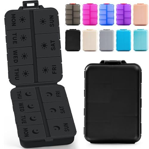 New Foldable & Double Protection Portable Weekly Pill Organizer 2 Times A Day with Etched Labels, AM PM 7 Day Week Medicine Box, Daily Travel Pill Case Dispenser for Vitamin, Supplement - All Black - color: Black, size: AM & PM