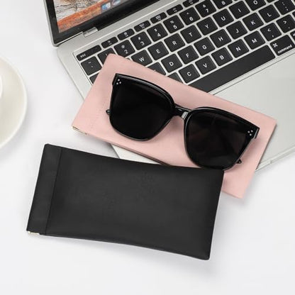 Sightor Sunglass Case, 2 Pcs Soft Eyeglass Cases for Women Portable Squeeze Top Leather Glasses Pouch - color: Black, Rose