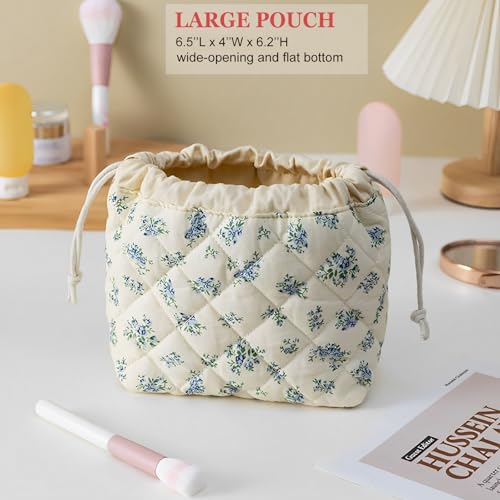HAPPYHEIDI Large Floral Quilted Cotton Drawstring Makeup Bag Compartment Cosmetic Toiletry Accessory Travel Pouch Purse Organizer, Blue Gourd - color: KJM-Quilted Cotton Pouch with Compartment Set of 1-Blue Gourd