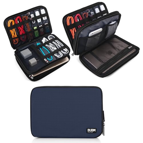 BUBM Double Layer Electronic Accessories Organizer, Travel Gear Bag for Cables, USB Flash Drive, Plug and More, Perfect Size Fits for iPad Mini (Medium, Dark Blue) - color: Dark Blue, size: Medium,2-layer