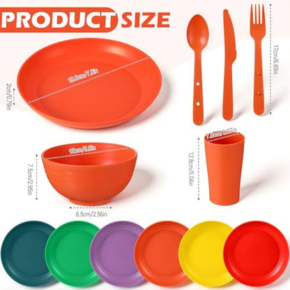 Remerry 6 Sets Camping Mess Kit with Plates Bowls Cups Spoon Fork and Knife Cutlery in 6 Colors Tableware Reusable Plastic Tableware Set for Travel Picnic Camping Necessity Home Party
