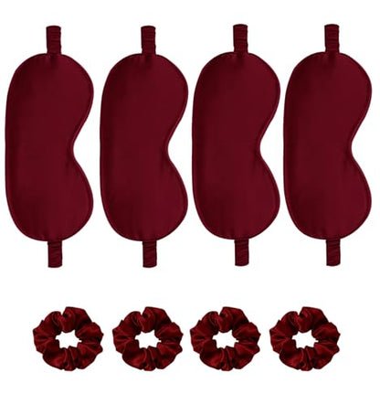 Satin Eye Mask 8Pcs Silk Sleep Masks Silky Blindfold Eyeshade Blackout Eyes Cover Scrunchies Hair Ties Travel Wedding Gifts - color: Burgundy