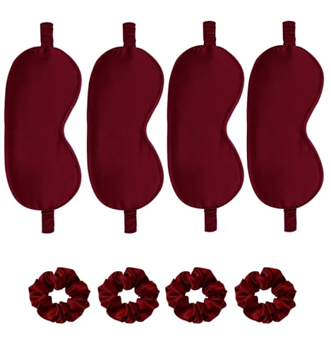 Satin Eye Mask 8Pcs Silk Sleep Masks Silky Blindfold Eyeshade Blackout Eyes Cover Scrunchies Hair Ties Travel Wedding Gifts - color: Burgundy