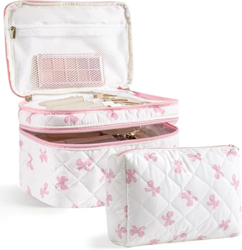 HBselect 2Pcs Travel Makeup Bag, Large Cotton Quilted Makeup Bag Cosmetic Bag Cute Make up Bag Toiletry Bags for Women Girls - color: 2PCS-BOW2
