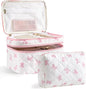 HBselect 2Pcs Travel Makeup Bag, Large Cotton Quilted Makeup Bag Cosmetic Bag Cute Make up Bag Toiletry Bags for Women Girls - color: 2PCS-BOW2