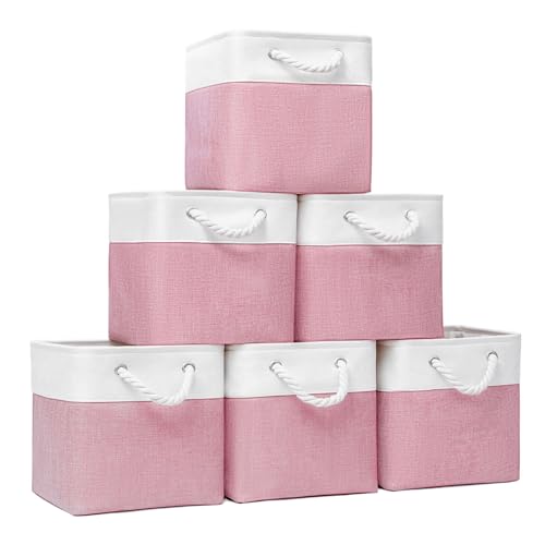 Cube Storage Bins 13 x 13, 6 Fabric Foldable Organizer | Storage Cubes Heavy Duty, Used for Clothes Toys Books, Collapsible, Comfortable Cotton Handle - color: white pink