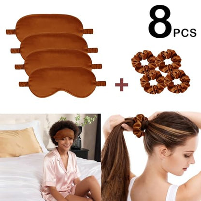 Satin Eye Mask 8Pcs Silk Sleep Masks Silky Blindfold Eyeshade Blackout Eyes Cover Scrunchies Hair Ties Travel Wedding Gifts - color: Maple