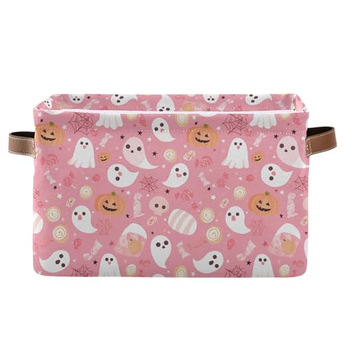 Wamika Halloween Pink Storage Basket with Waterproof Liner and PU Handles Pumpkin Ghost Candy Storage Bins Boxes 14.2" Collapsible Decorative Organizer Baskets for Bedroom Closet Office 1 Pack - color: Halloween pink, size: 1 Pack