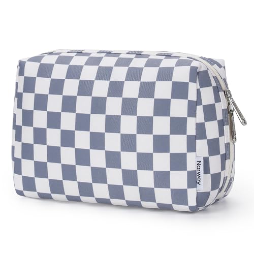 Narwey Checkered Makeup Bag Travel Cosmetic Bag Organizer Toiletry Bag Make Up Bags with Compartments for Women Girls (Large, Grayish Blue Checkerboard) - color: YB-Grayish Blue Checkerboard, style: Large