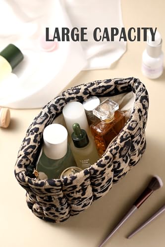 Puffy Quilted Makeup Bag for Women, Cosmetic Bag, Travel Toiletry Organizer Pouch Clutch (Brown Leopard) - color: Brown Leopard