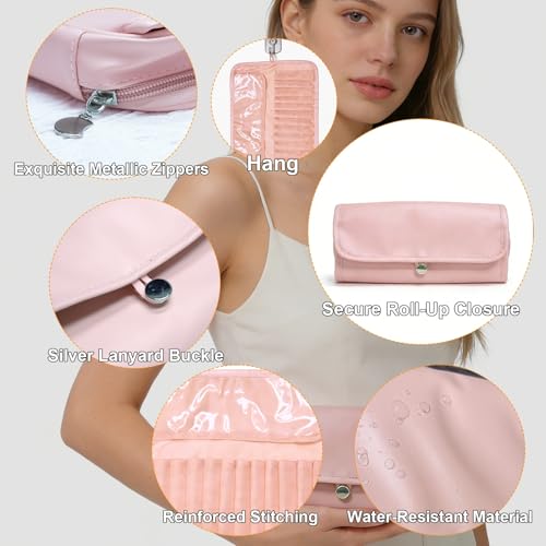 Folding Makeup Brush Bag,Travel Toiletry Bag with Separate Brush Compartment for Brushes & Skincare, Toothbrush Holder,Rollup & Open Flat cosmetic Organizer,Portable Waterproof &Hanging (Pink) - color: Pink