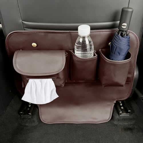Leather Car Seat Back Organizer, Waterproof Car Seat Kick Mat with Cup Holder, Multifunctional Backseat Storage Bag, Universal Auto Travel Seats Protector Accessories for SUV Truck (Brown) - color: Brown
