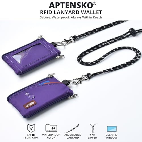 RFID Blocking Travel Wallet with Adjustable Lanyard, Small Nylon Zipper Pouch and Badge Holder for ID, Credit Cards, Cash, Keys, Commuters (Deep Purple) - color: Deep Purple